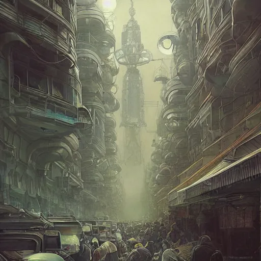 Image similar to It’s crowded streets of Russian Khrushyovkas sleeping quarters on the Moon city, Norilsk, sci-fi, fantasy, intricate, very very beautiful, elegant, highly detailed composition, digital painting, artstation, concept art, smooth, sharp focus, illustration, art by artgerm and greg rutkowski and alphonse mucha