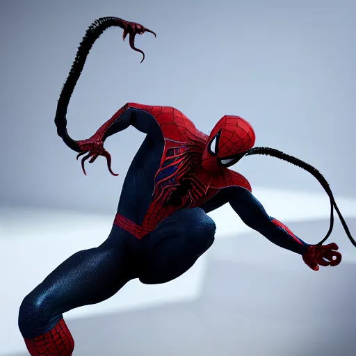 Image similar to a single venom and spider - man hybrid, dslr, cinematic, volumetric lighting, 8 k resolution, photorealistic