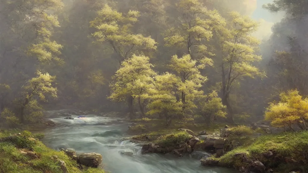 Prompt: A beautiful landscape oil painting of a hill with trees, the spring has arrived and the trees are blooming and covered with colorful flowers, the river is zigzagging and flowing in its way, the river has lots of dark grey rocks, by Greg Rutkowski