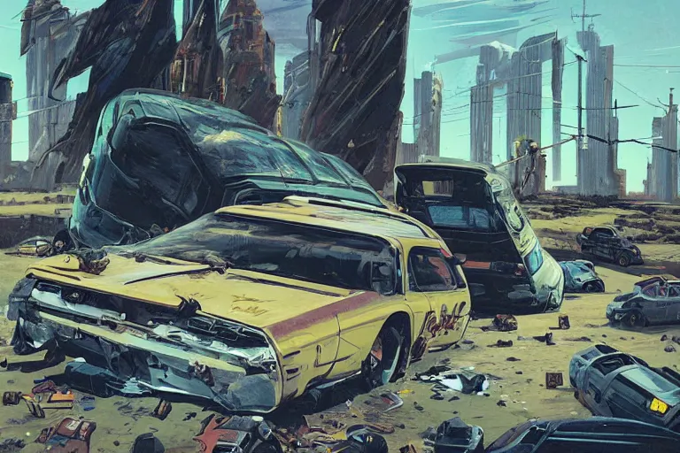 Image similar to a van has crashed and rolled over in the badlands. it's shipment has spilled out. art in the style of vincent di fate's cyberpunk 2 0 2 0.