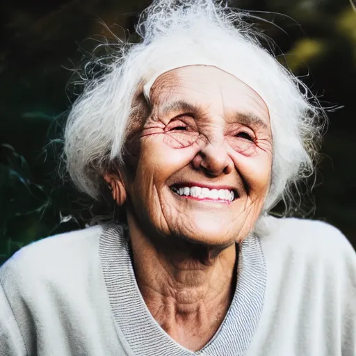 Image similar to an old woman smiling. she has a thin transparent oxygen tubing under her nose