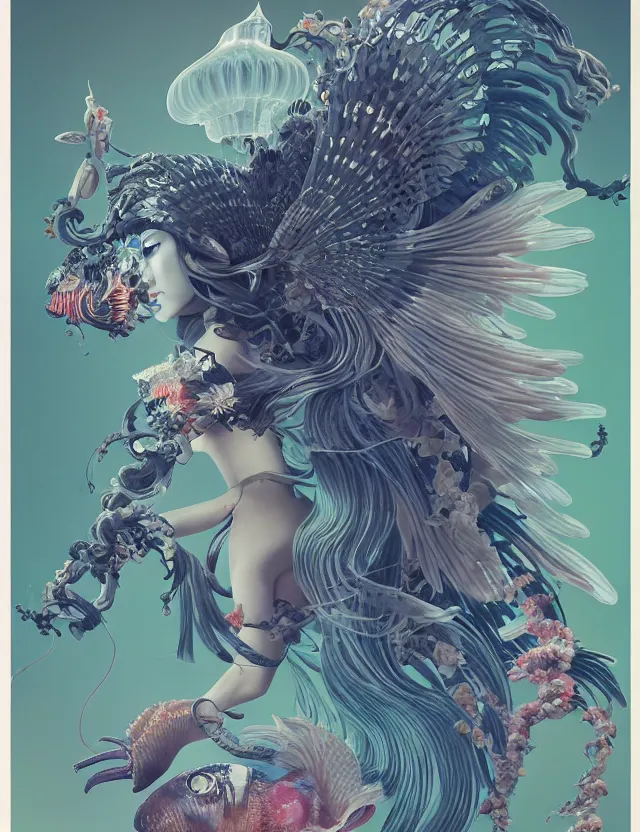 Image similar to 3 d goddess bottom - up with ram skull. beautiful intricately detailed japanese crow kitsune mask and clasical japanese kimono. betta fish, jellyfish phoenix, bio luminescent, plasma, ice, water, wind, creature, artwork by tooth wu and wlop and beeple and greg rutkowski