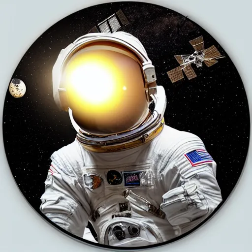 Image similar to “astronaut on board international space station wearing black space suit and gold helmet, highly detailed, realistic, portrait, no flag patch, symmetrical, photorealistic, proportional, beauty, fish eye lens, nasa, spacex, galaxies, in the style of Children drawing sun rising”