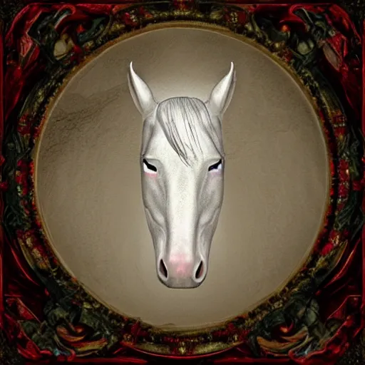 Image similar to an all white horse, with no facial features, like a white mask pulled over their face, full body laying in a blood red pool of water between a golden mirror frame, inside the frame of the mirror is the bohemian grove sacrifice ritual and outside the mirror frame is a deep space., physically accurate, dynamic lighting, intricate, elegant, highly detailed, very very Roberto Ferri, sharp focus, very very unsettling, very terrifying, illustration, art