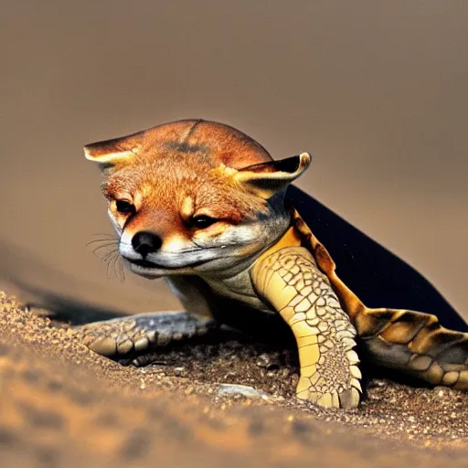 Prompt: mixture between a turtle and a fox, fox turtle hybrid, national geographic, photo, distance shot,