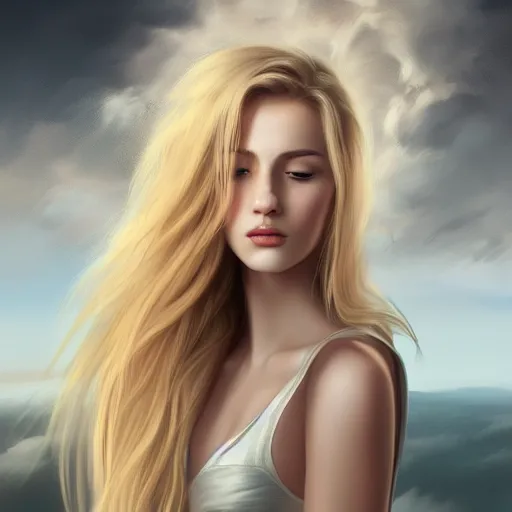 Prompt: A portrait of an attractive young female wind angel, beautiful long wild blond hair, clouds in the back, intricate, highly detailed, elegant, digital painting, trending on artstation