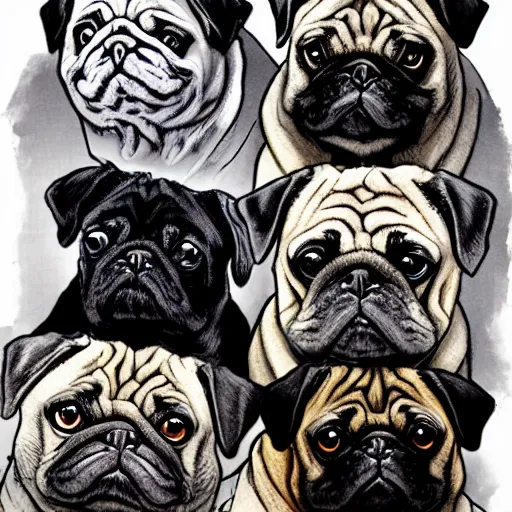 Prompt: self portrait showing family of pugs illustrated by yoji shinkawa, extra details, colored, 4 k, dynamic lighting