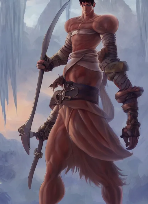 Image similar to official digital painting artwork of a male warrior character by don bluth, artgerm ross tran and studio ghibli.