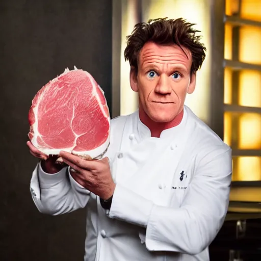 Prompt: photo of gordan ramsay holding a raw porkchop in his hand on set, highly detailed, extremely high quality, hd, 4 k, 8 k, professional photographer, 4 0 mp, lifelike, top - rated, award winning, cinematic, realistic, detailed lighting, detailed shadows, sharp, no blur, edited, corrected, trending