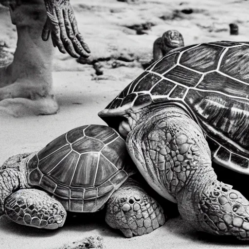 Prompt: a black and white photo of an ancient cult conjuring turtles