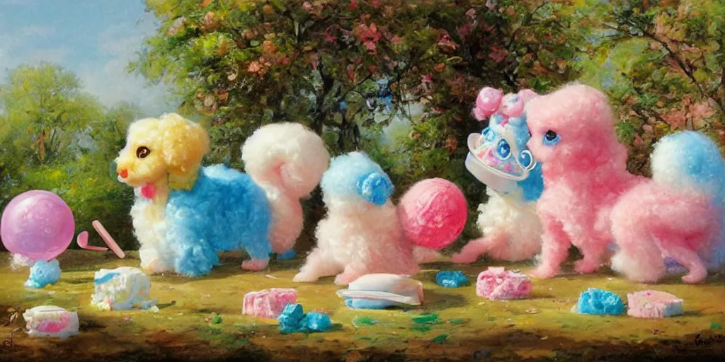 Prompt: bubble gum ice cream made in the shape of 3 d littlest pet shop poodle, realistic, melting, soft painting, forest, desserts, ice cream, master painter and art style of noel coypel, art of emile eisman - semenowsky, art of edouard bisson