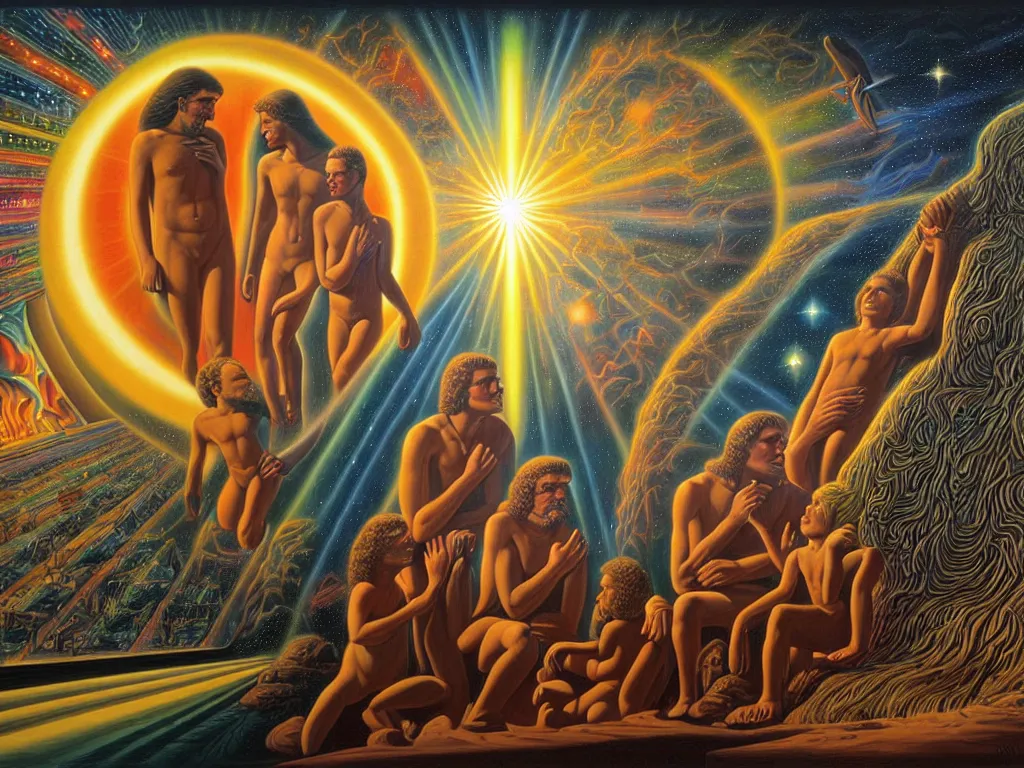 Image similar to a beautiful future of divine human spiritual evolution, by david a. hardy, wpa, public works mural, socialist