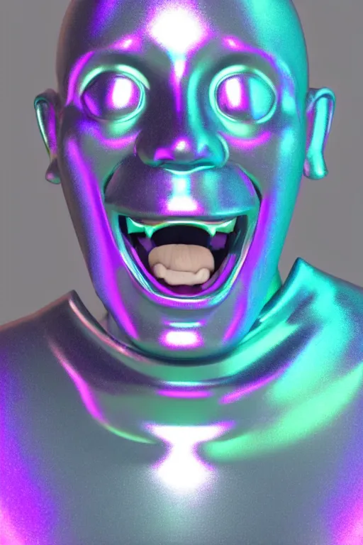 Image similar to 3d render of holographic angry human robotic screaming angry bust made of glossy iridescent, screaming, bust, surrealistic 3d illustration of a human non-binary, non binary model, 3d model human, cryengine, made of holographic texture, holographic material, holographic rainbow, concept of cyborg and artificial intelligence