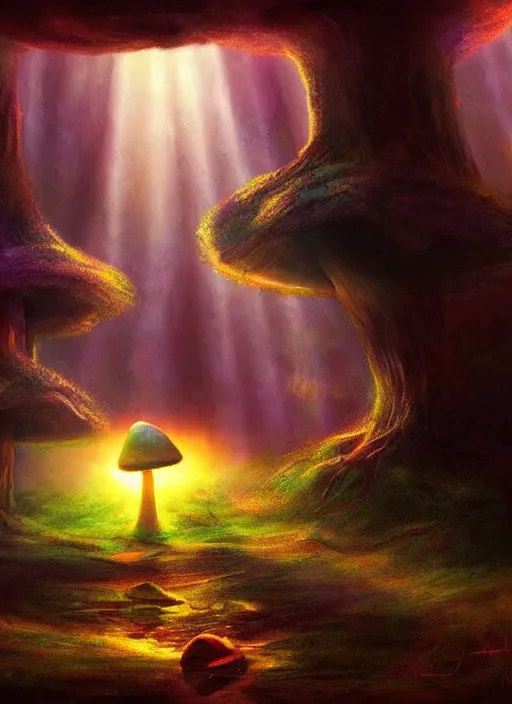 Prompt: painting of a magic mushroom , beautiful lighting, god rays, fantasy art, matte painting