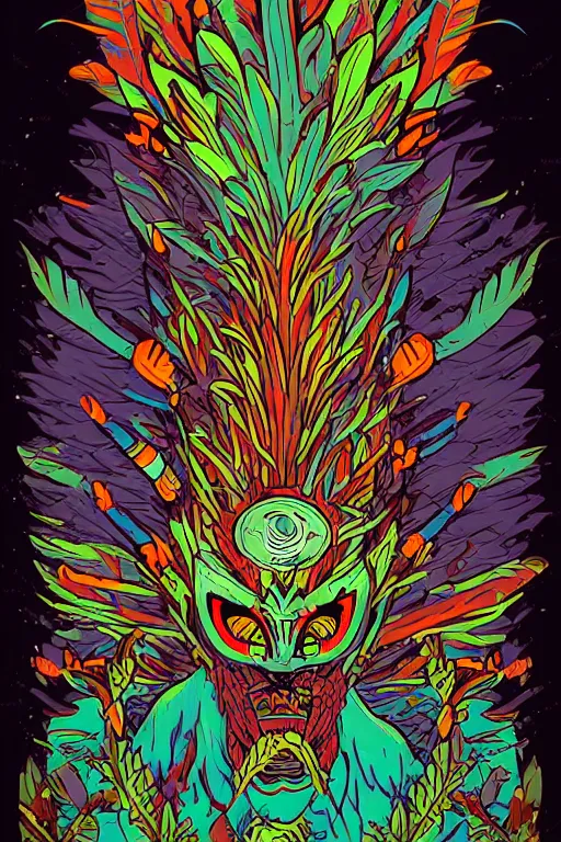 Image similar to animal mask totem roots flower tribal feather gemstone plant wood rock shaman vodoo video game vector cutout illustration vivid multicolor borderlands comics by josan gonzales and dan mumford radiating a glowing aura