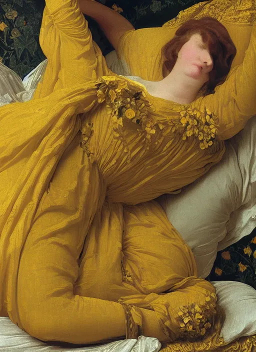 Prompt: portrait of lady reclining on bed wearing yellow ochre ornate medieval dress, foreshortening, colour photography by frederic leighton, william morris, 8 k