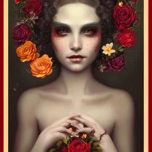 Prompt: tom bagshaw, soft painting of a curiosities carnival omnious, beautiful young aristocrat blessing flowers in full dress, perfectly detailed, symmetrical accurate intricate sensual features, highly detailed, artstation, sharp focus