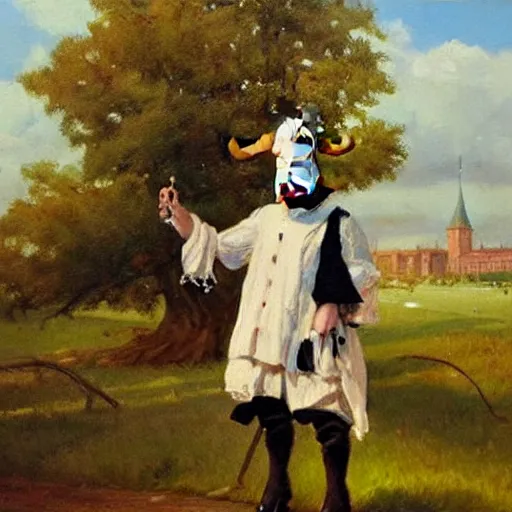 Image similar to painting by zorn, cow, dressed, anthropomorphic!!, wearing!!! clothes!!!, standing next to royal castle!!!