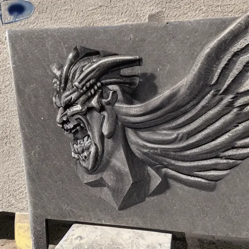 Image similar to polished rectangular stone with demon wings and a subtle male demon face engraved in the stone, oil painting, detailed, realistic