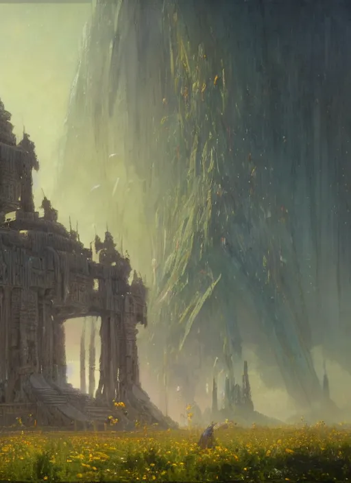 Image similar to giant castle temple megastructure in meadow by gaston bussiere, anna nikonova aka newmilky, greg rutkowski, yoji shinkawa, yoshitaka amano, moebius, donato giancola, geoffroy thoorens, trending on artstation, pixiv, cinematic composition, 8 k