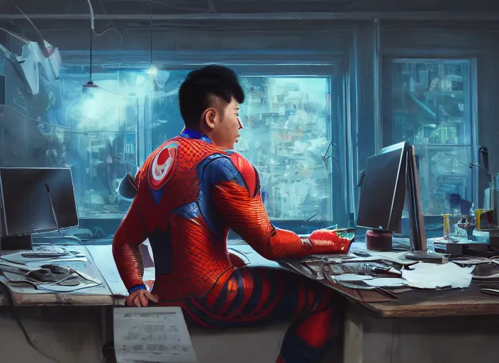 Prompt: an insanely detailed painting of an asian man wearing a homemade superhero costume, sitting at a desk, staring seriously at the computer and typing, in the style of james jean, dramatic lighting and composition, surreal background, octane render, pixar, trending on artstation, concept art, comic book, view from behind, 8 k