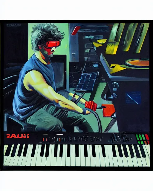 Image similar to cyclops (from x-men) finger drumming on an Akai MPC 2000XL, painting by Toni Toscani, oil on canvas