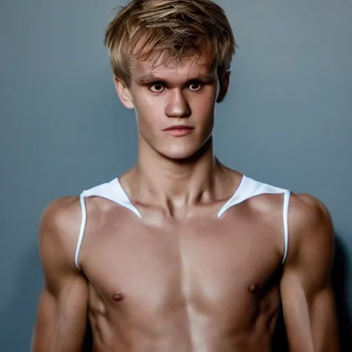 Image similar to a realistic detailed photo of a guy who is an attractive humanoid who is half robot and half humanoid, who is a male android, soccer player martin ødegaard, shiny skin, posing like a statue, blank stare, in a living room, on display, showing off his muscles