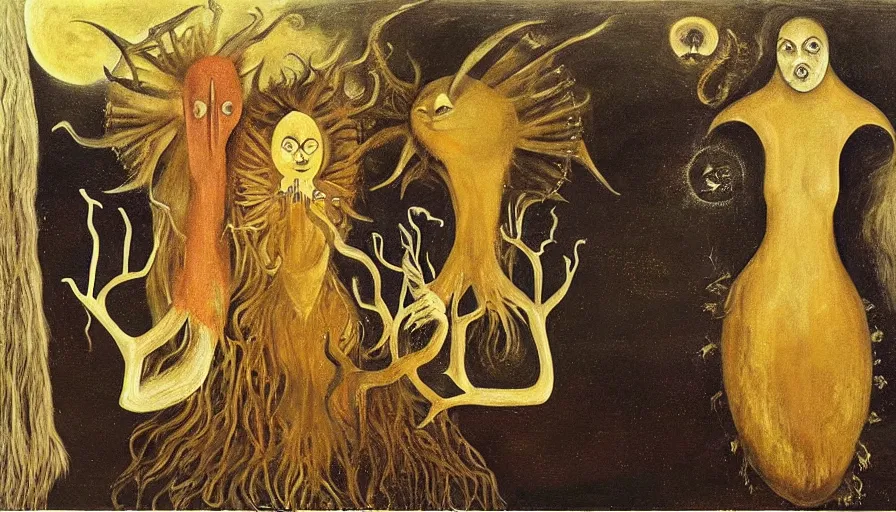 Image similar to The Witches of the Shore, surreal painting of Remedios Varo and Leonara Carrington (1950), oil painting, fresh blood and gold leaf