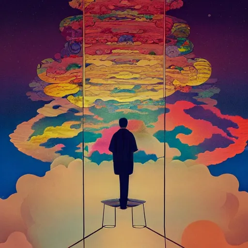 Image similar to a man walking on clouds away from the camera above kyoto by takashi murakami, beeple and james jean, aya takano color style, 4 k, super detailed, modern, 4 k, symmetrical