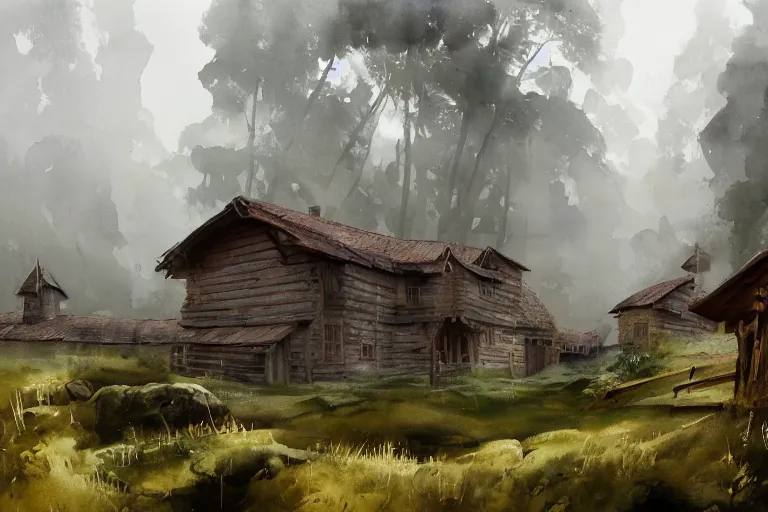 Prompt: paint brush strokes, abstract watercolor painting of rustic village fortress, pine trees, mysterious mythology, medieval straw roof, scandinavian viking age, fog, ambient lighting, art by hans dahl, by jesper ejsing, art by anders zorn, wonderful masterpiece by greg rutkowski, cinematic light, american romanticism by greg manchess, creation by tyler edlin