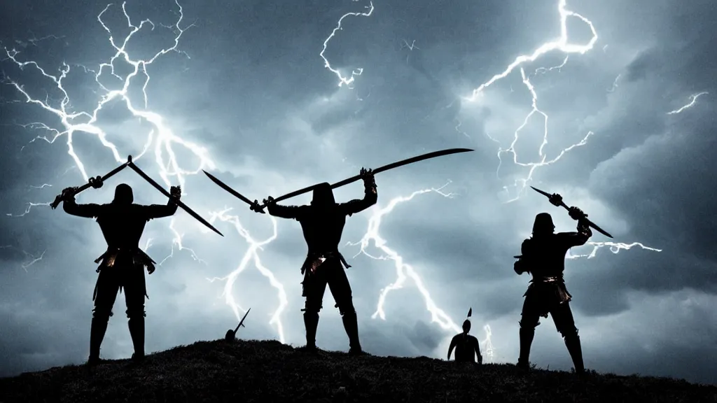 Prompt: low angle two warriors holding swords standing looking up at a villain silhouette thunder lighting storm heavy rain dark clouds