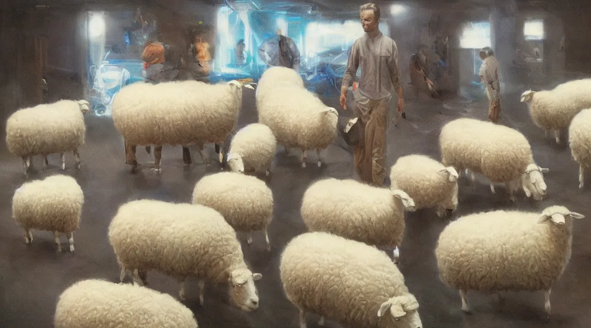 Image similar to do the androids dreams with electric sheeps, Philip K. D. ,oil painting, illustration style