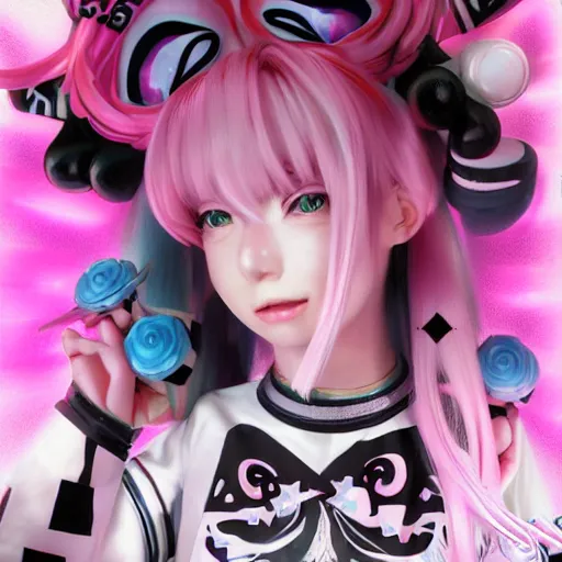 Image similar to trapped beneath stunningly absurdly beautiful omnipotent asi goddess junko enoshima with multiple twisted megalomaniacal mesmerizing personalities, symmetrical perfect face, porcelain skin, pink twintail hair and cyan eyes, ultra detailed, digital art, unreal engine 5, octane render, 2 d anime, 8 k