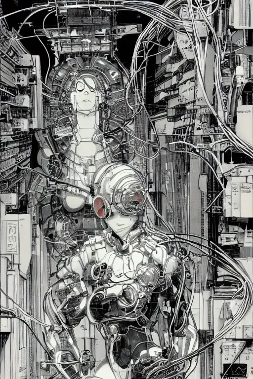 Prompt: beautiful hyperdetailed cyberpunk anime illustration of a feline robot lying in the lab with wires and cables coming out of his head and back, by moebius, masamune shirow and katsuhiro otomo