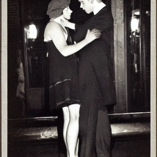 Image similar to gay couple kissing on a bar at night, paris, 2 0 s, vintage