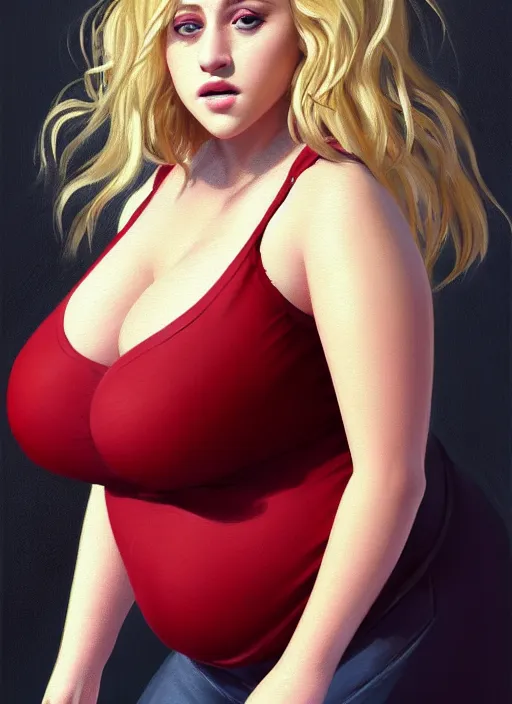 Image similar to full body portrait, teenage lili reinhart, blonde hair, obese, bangs, ponytail, sultry, realistic, sultry smirk, fluffy bangs, curly bangs, fat, belly, intricate, elegant, highly detailed, digital painting, artstation, concept art, smooth, sharp focus, illustration, art by wlop, mars ravelo and greg rutkowski