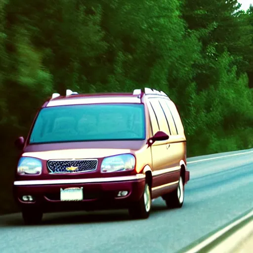 Image similar to A photograph of a 2001 Maroon Chevrolet Caravan driving on highway 411 in Perth, Ontario on a summer night, 10:20 PM, photograph taken in 2009 on a nokia flip phone