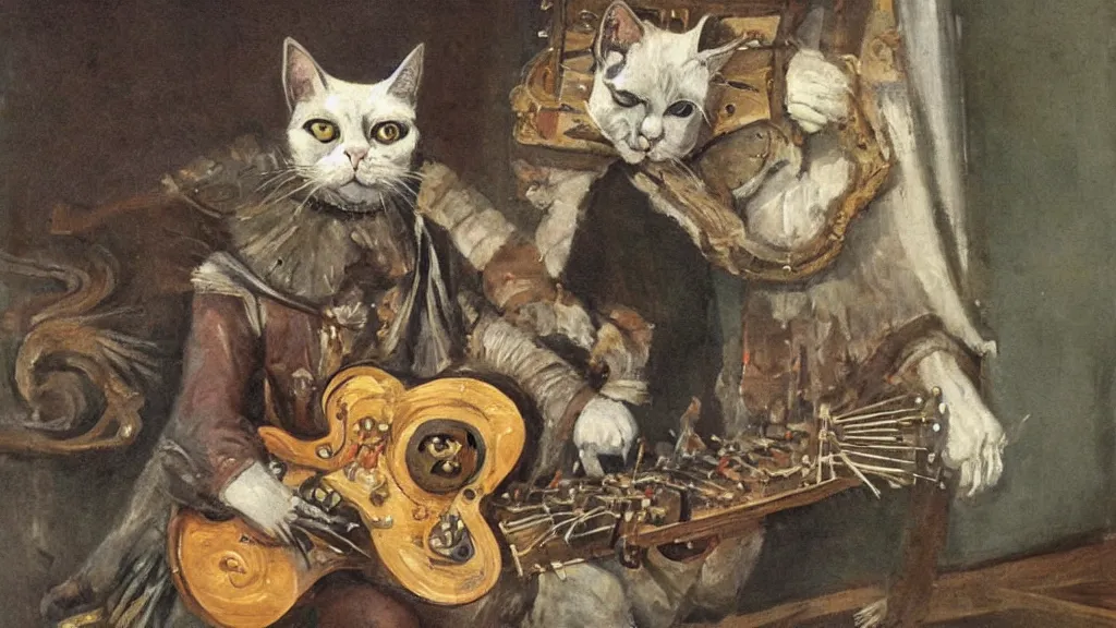 Prompt: Painting of a half man half cat creature playing the hurdy gurdy in a grand hall, hyperrealistic