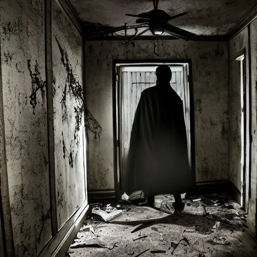 Image similar to the magician with a black robe inside a abandoned house, shadows, lurker, ghibli style