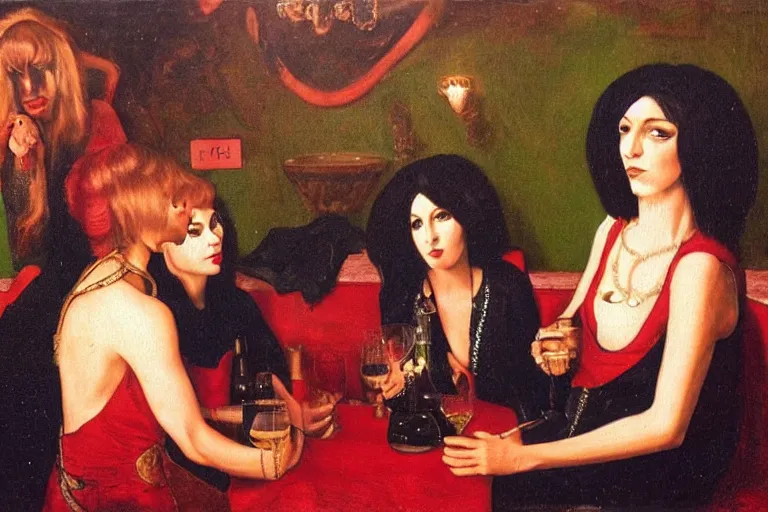 Image similar to glam rockers drinking brutal and raw wine, inside a green room with red lights in renaissance style, sfumato, oil painting