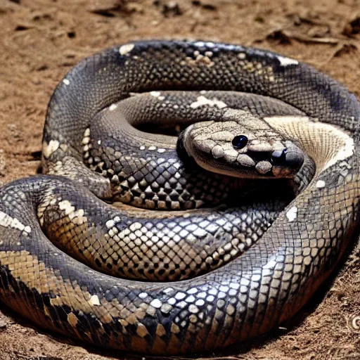 Prompt: a photo of beautiful python snake devouring a bull