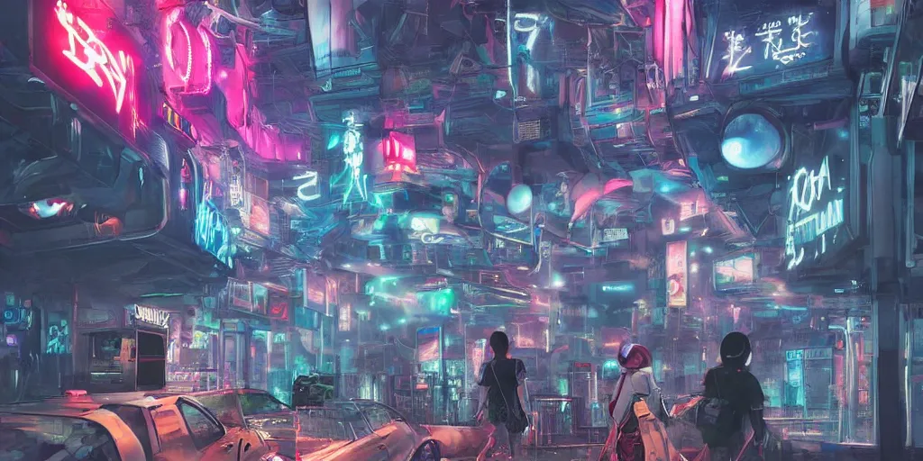 Image similar to teenagers with tech clothing and hoods and futuristic gas masks painting giant graffitis on the walls of a dystopian city, neon lights, sci - fi, night lights, rain and haze, concept art, intricate, in the style of katsuhiro otomo, akira, unreal engine