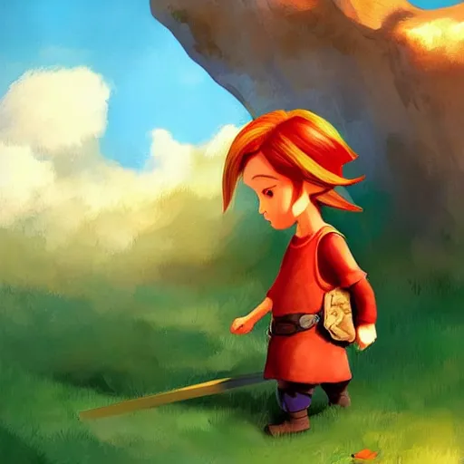 Image similar to little boy character inspired in little hood red and link from legend of zelda, digital artwork made by lois van barlee and rhads