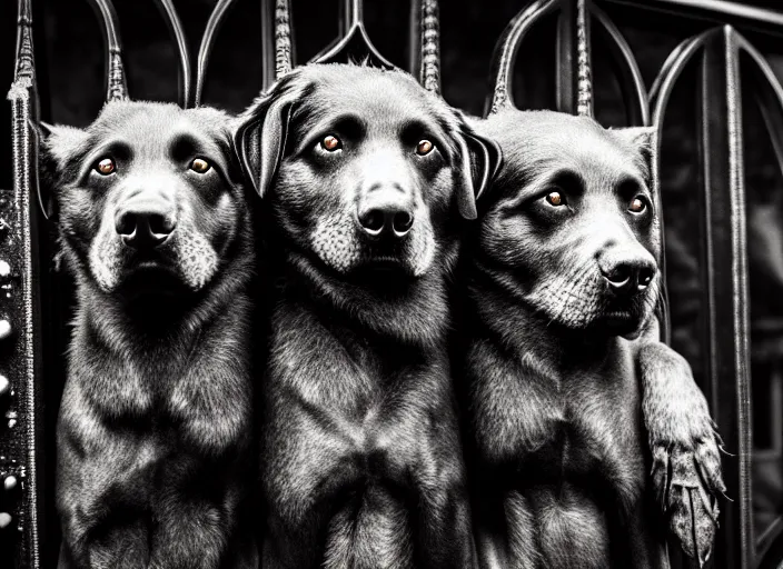 Image similar to photo of a real life photorealistic three - headed kerberos dog guarding the gates to the underworld. fantasy horror style. highly detailed 8 k. intricate. lifelike. soft light. nikon d 8 5 0 5 5 mm. dof. cinematic post - processing.