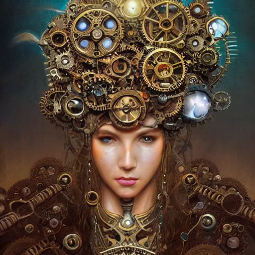 Image similar to A steampunk beautiful goddess, she half human and half robot, she is embellished with gears wheels and gemstones, by William Holman Hunt, Greg Rutkowski, Stanely Artgerm, Tooth Wu, Peter Gric, Aaron Horkey, trending on Artstation, digital art, mythological, symmetrical artwork, cinematic lighting, hyper realism, high detail, octane render, ultra realistic, golden ratio, 4k, 8k