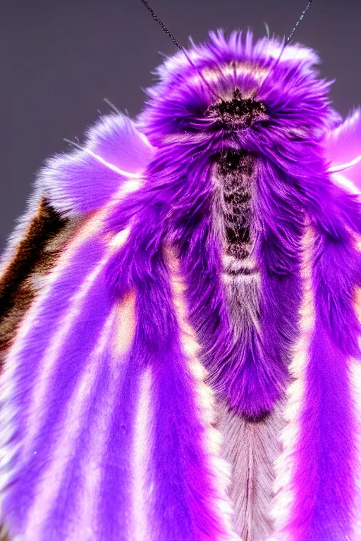 Image similar to high quality macro photo pearlescent furry moth! jeweled gorgeous! highly detailed david ligare elson peter cinematic purple neon lighting high quality low angle hd 8k sharp shallow depth of field