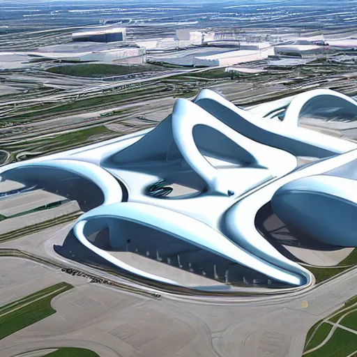 Prompt: Denver International Airport if it were designed by Zaha Hadid