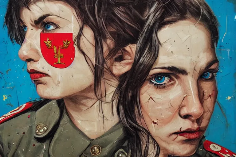 Image similar to a sad female soviet soldier, art by Sandra Chevrier