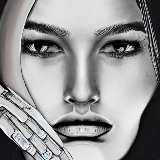 Image similar to portrait of bar refaeli with a half robotic face, digital art