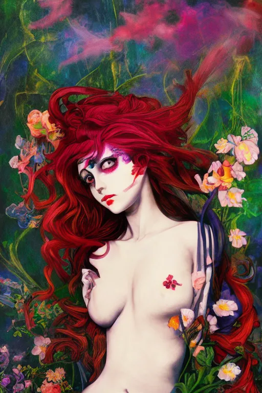 Image similar to pre-raphaelite punk rock dark rainbow noir anime girl painting, floral detail, photo by Annie Leibovitz, Anton Fadeev